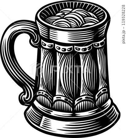 Beer mug vintage engraved sketch. Oktoberfest craft beverage drawing black sign. Retro alcohol cup engraving symbol. Pub or bar icon 119328228