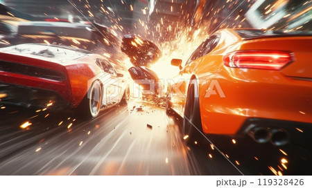 Thrilling car race scene with red and orange car colliding and sparks, fire parts flying amidst chaotic backdrop. Car accident. Thrilling car race scene with red and orange car colliding and sparks, fire parts flying amidst chaotic backdrop. Car accident. 119328426