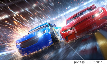 Two racing cars, blue and red, competing on brightly lit racetrack, with sparks flying from their wheels symbolizing high speed. Nascar race Two racing cars, blue and red, competing on brightly lit racetrack, with sparks flying from their wheels symbolizing high speed. Nascar race 119328446