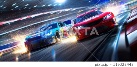 Two racing cars, red and blue, speeding down track, with sparks flying from wheels as they compete for lead. Nascar race 119328448