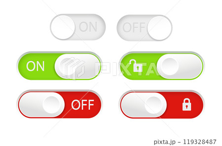 On and Off slider buttons. Red and green switch interface buttons. Vector On and Off slider buttons. Red and green switch interface buttons. Vector 119328487