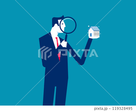 Property appraisal or price evaluation, housing assessment for market value, residential sale, rating or real estate review concept, businessman appraiser magnifier review property with star rating. Property appraisal or price evaluation, housing assessment for market value, residential sale, rating or real estate review concept, businessman appraiser magnifier review property with star rating. 119328495