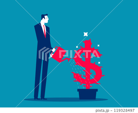 Income growth concept. Dividends yield investment, growing profit or stock market earning return, increase money or wealth, success investing, businessman investor watering growth dollar money plant. Income growth concept. Dividends yield investment, growing profit or stock market earning return, increase money or wealth, success investing, businessman investor watering growth dollar money plant. 119328497