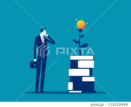 Knowledge. Education or learning new skill to success. Study or library. Wisdom to create new idea, creativity or innovation from reading books, smart young man with book stack with light bulb plant. 119328499