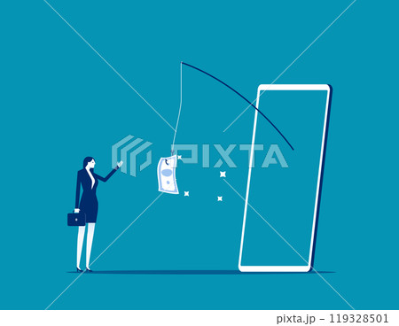 Mobile phone banking scam, fraud link to steal money, phishing bait website or online crime, thief steal money from mobile banking app concept, mobile smartphone with fishing bait scam money threat. 119328501