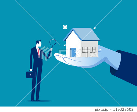 Property appraisal or price evaluation, housing assessment for market value, residential sale, rating or real estate review concept, businessman appraiser magnifier review property with star rating. 119328502