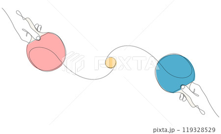 Players hands holding ping pong paddles and ball drawn by continuous line. Table tennis one line art. World Tennis Day. Popular sport concept. Vector illustration, editable stoke. 119328529