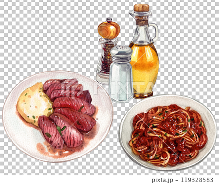 tuscan beef steak pasta bolognese italian food,watercolor painting hand-drawn illustration 119328583
