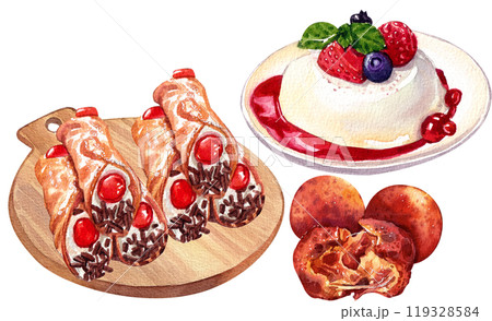 italian desserts italian food,watercolor painting hand-drawn illustration 119328584
