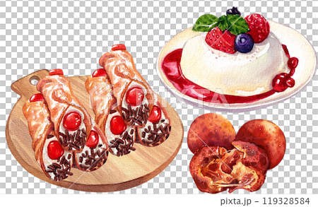 italian desserts italian food,watercolor painting hand-drawn illustration 119328584