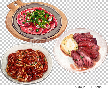 carpaccio tuscan beef steak pasta bolognese italian food,watercolor painting hand-drawn illustration 119328585