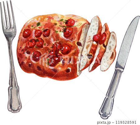 focaccia italian food,watercolor painting hand-drawn illustration 119328591