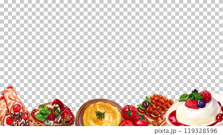 Tiramisu,Polenta,Cannoli,Italian Food, Horizontal frame watercolor painting hand-drawn 119328596