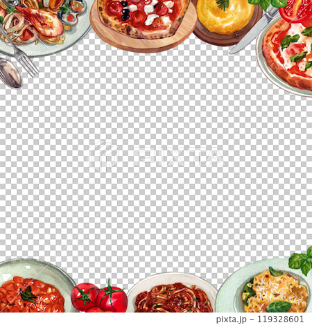 Polenta,Pizza romana,Seafood spaghetti,Italian Food Square frame watercolor painting hand-drawn 119328601