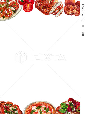 Caprese salad,Vegan focaccia,Bruschetta,Italian Food Vertical frame watercolor painting hand-drawn Caprese salad,Vegan focaccia,Bruschetta,Italian Food Vertical frame watercolor painting hand-drawn 119328604