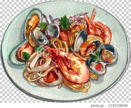 seafood spaghetti italian food,watercolor painting hand-drawn illustration 119328646