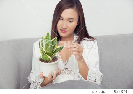 Woman looks at small dracaena trifasciata in a stylish white pot. 119328742