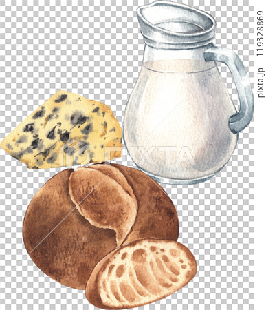 An almond milk jug, blue cheese, and sourdough bread, hand-drawn watercolor illustration 119328869