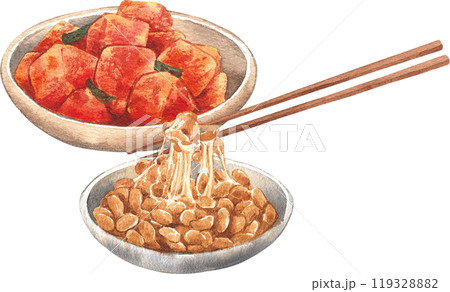 Kimchi plate and natto plate with chopsticks, hand-drawn watercolor illustration 119328882