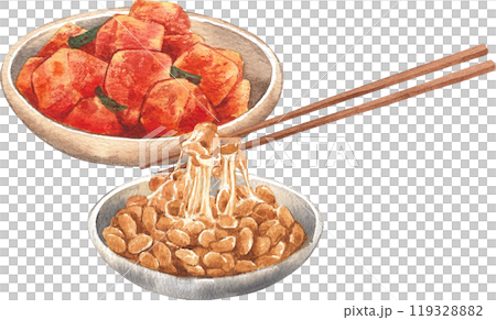 Kimchi plate and natto plate with chopsticks, hand-drawn watercolor illustration 119328882