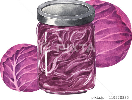 Two heads of purple cabbage placed behind a bunch of purple cabbage, hand-drawn watercolor illustration 119328886