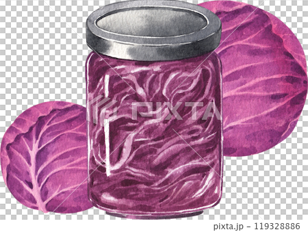 Two heads of purple cabbage placed behind a bunch of purple cabbage, hand-drawn watercolor illustration 119328886
