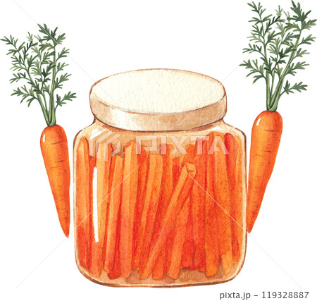 A jar of pickled carrots with baby carrots beside it, hand-drawn watercolor illustration 119328887