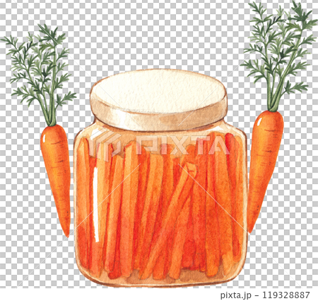A jar of pickled carrots with baby carrots beside it, hand-drawn watercolor illustration A jar of pickled carrots with baby carrots beside it, hand-drawn watercolor illustration 119328887