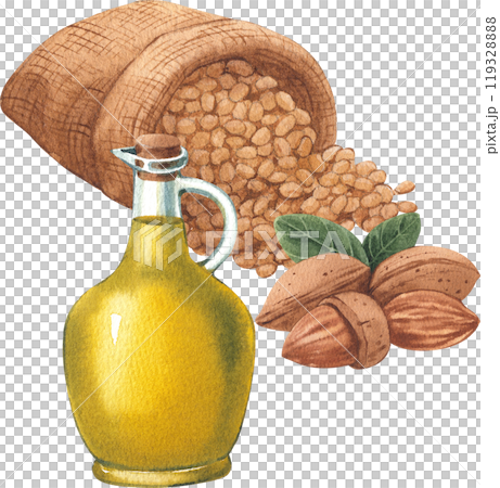 A sack of soybeans being poured out next to almond seeds with olive oil in the front, hand-drawn watercolor illustration A sack of soybeans being poured out next to almond seeds with olive oil in the front, hand-drawn watercolor illustration 119328888