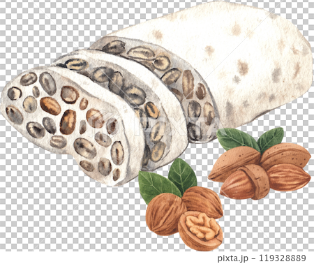 Three slices of tempeh with almonds and walnuts placed beside them, hand-drawn watercolor illustration Three slices of tempeh with almonds and walnuts placed beside them, hand-drawn watercolor illustration 119328889