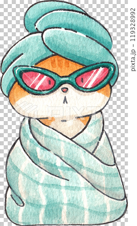 Trendy cat wearing a cover with stylish glasses and a shower cap, hand-drawn watercolor illustration 119328992