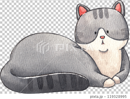 Gray cat sitting and staring at something, hand-drawn watercolor illustration Gray cat sitting and staring at something, hand-drawn watercolor illustration 119328995