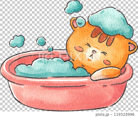 Orange cat lounging in soapy water in a bathtub, hand-drawn watercolor illustration 119328996