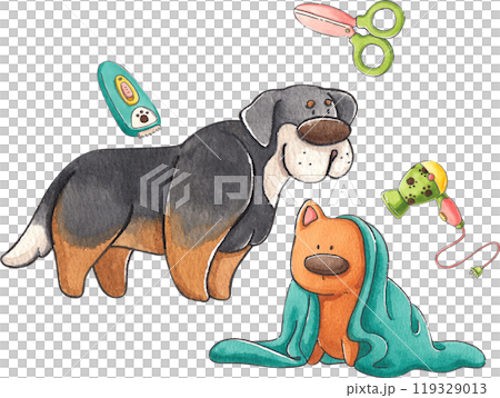Black dog getting a haircut and brown dog with a towel on its head, hand-drawn watercolor composition 119329013