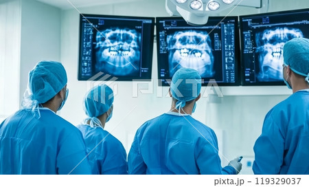 Medical team analyzing x-ray images in a modern operating room. Medical team analyzing x-ray images in a modern operating room. 119329037