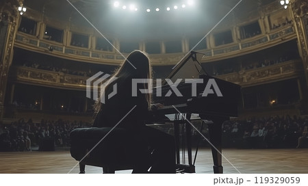 Musician performing on stage in an elegant theater with audience in background. 119329059
