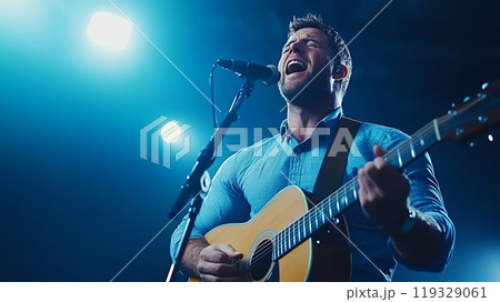 Musician performing passionately on stage with guitar, illuminated by blue lights. 119329061
