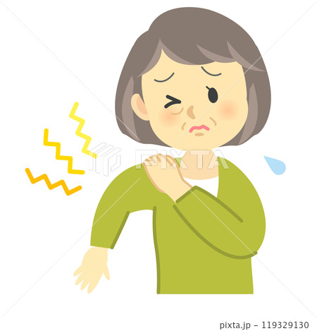 肩に手を当て腕が上がりにくい中年女性の様子＿四十肩や五十肩、肩こりの老化症状 119329130