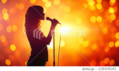 Silhouette of a singer performing against a vibrant, colorful background. 119329141