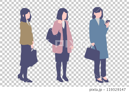 A woman commuting to work wearing a coat over her suit 119329147