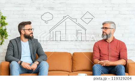 Two men discussing home design ideas in a modern living room. 119329204