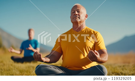 Two men meditating outdoors in a peaceful natural setting under a clear blue sky. 119329205