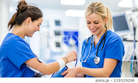 Two nurses smiling while checking blood pressure in a bright hospital room. 119329206