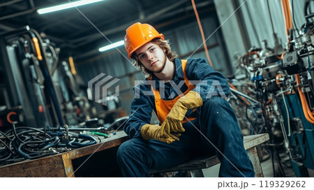 Young worker in helmet sitting on a bench in an industrial setting. 119329262