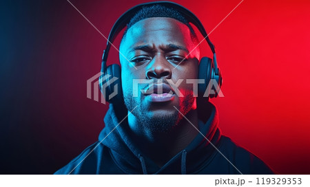 Man listening to music in headphones, vibrant blue and red lighting, serious expression. 119329353