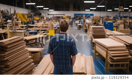 Man observing wood workshop filled with stacked lumber and machinery, focused and engaged. 119329354