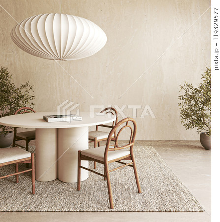 Modern minimalist dining room featuring elegant lighting and complemented by natural decor, 3d rendering 119329577