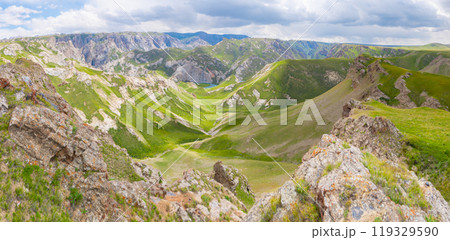 Panorama view from above of the winding Kokiya River in southern Kyrgyzstan in spring in clear weather Panorama view from above of the winding Kokiya River in southern Kyrgyzstan in spring in clear weather 119329590