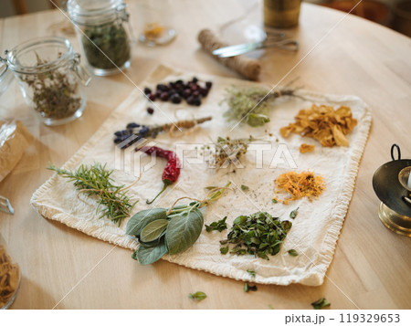 Table with different healthy herbs. Preparing for winter. Homemade healthy medicament. Homeopathy Table with different healthy herbs. Preparing for winter. Homemade healthy medicament. Homeopathy 119329653