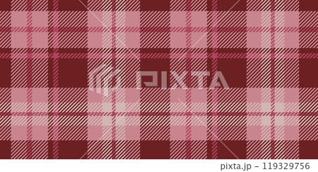 A classic and stylish textile appearance is achieved with this seamless tartan pattern in shades in pink and red color featuring intersecting lines and squares. 119329756